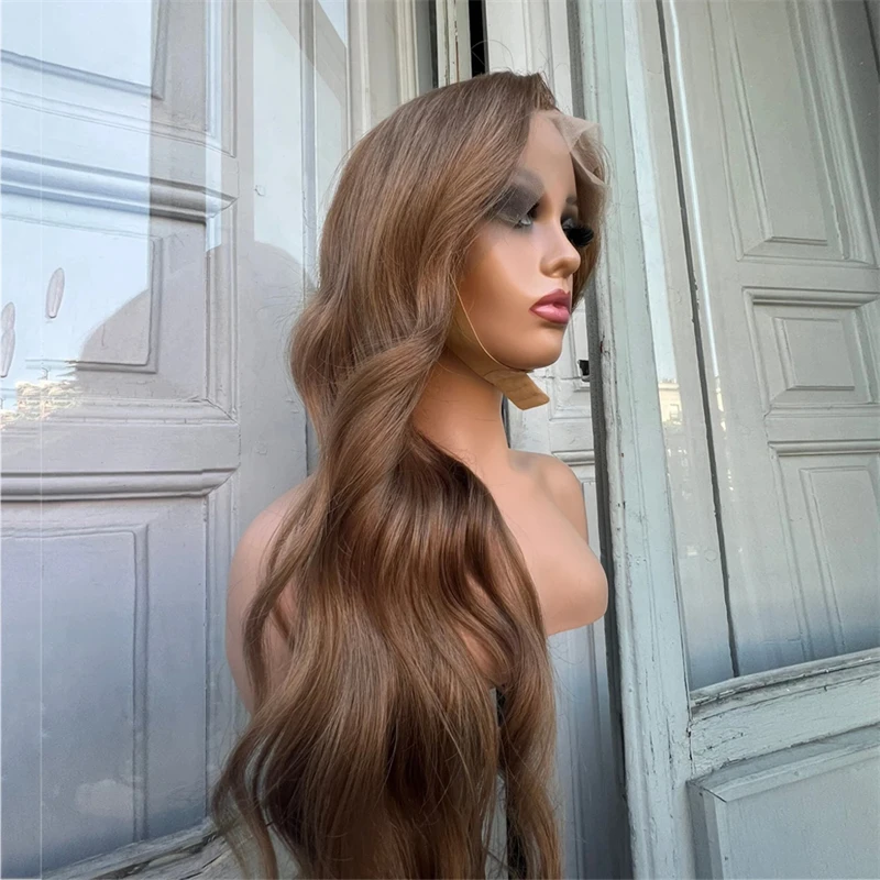 Body Wave Ash Blonde sorot renda sintetis Wig depan Wig berwarna coklat rambut tahan panas untuk penggunaan sehari-hari wanita telah ditanami