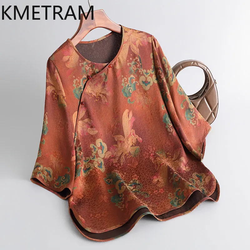 KMETRAM 100% Real Mulberry Silk Women Tops 2026 Summer High-quality Floral Loose Half Sleeved T-shirt Female Clothing Ropa Mujer