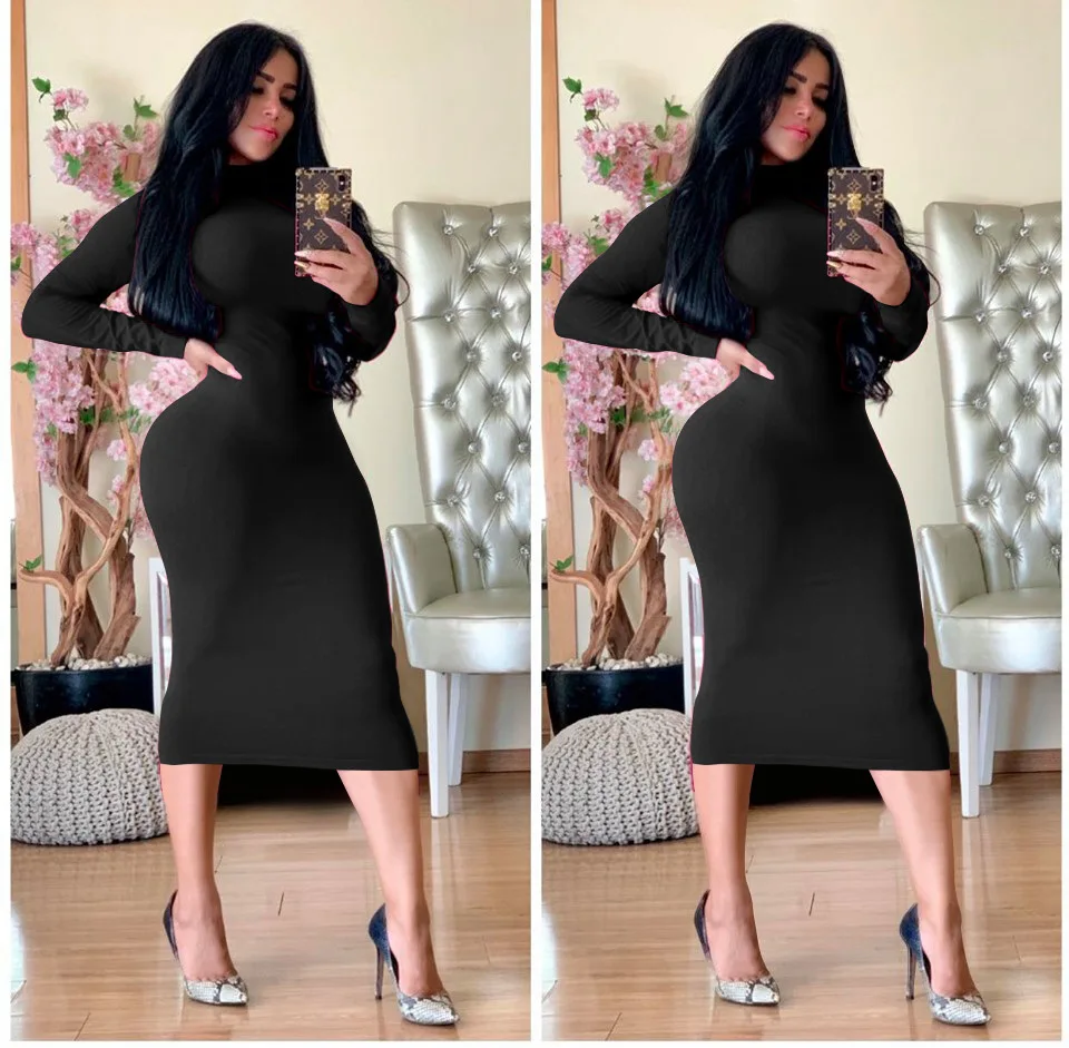 M3029 women's autumn and winter new black dress sexy temperament high collar grasp hair thick slim pack hips