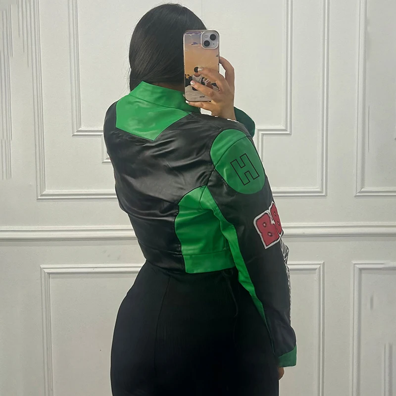 Women Hipster Patchwork Jacket  Y2K Letter Print Hipster Uniform Street Single-Breasted Hipster Autumn Trend Zip Coat