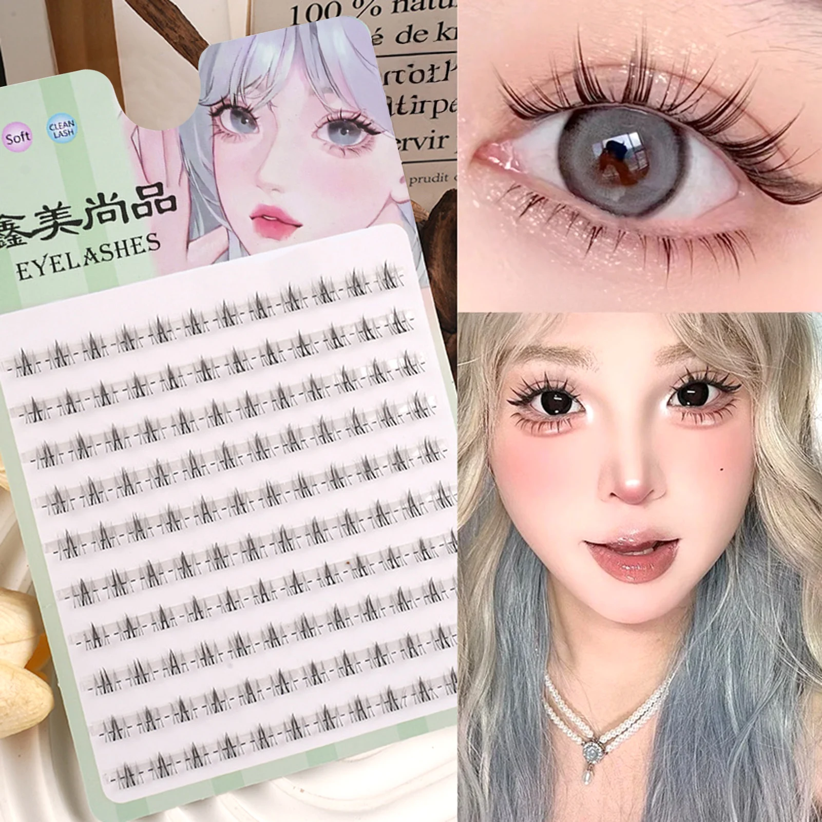 Lower Eyelash V-Shaped Clusters Fake Lashes 10 Rows Air Sensation Eyelashes Natural Transparent Stem Makeup Extension Tools