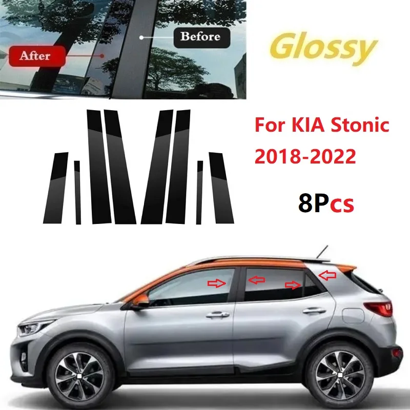 8Pcs Gloss Black Car Door Window Trim Pillar Posts Decorative Cover Trim Fit For KIA Stonic 2018-2022 Auto Stickers