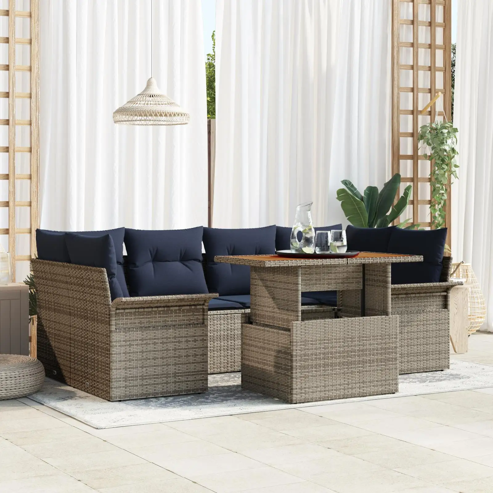 

7 Piece Outdoor Patio Sofa Set with Cushions Grey Poly Rattan Acacia Wood Furniture