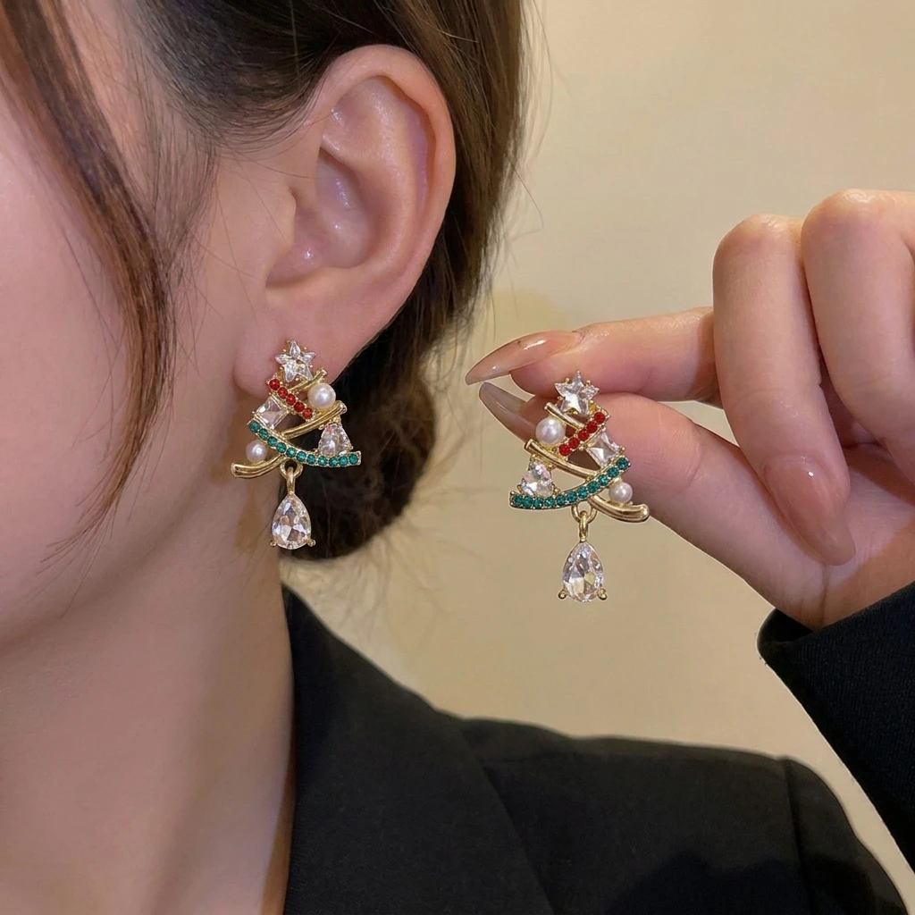Christmas Tree Earrings Colorful Rhinestone Crystal Pearl Drop Stud Earrings for Women Holiday Party Gift Jeewelry Accessories