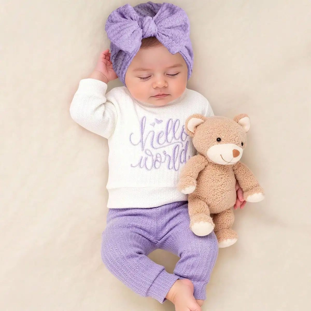 

Комплект из 3 предметов: комбинезон для новорожденных с вышивкой "Hello", шапочка с бантом, наряд для выписки из роддома, подарок для фотосессии малыша