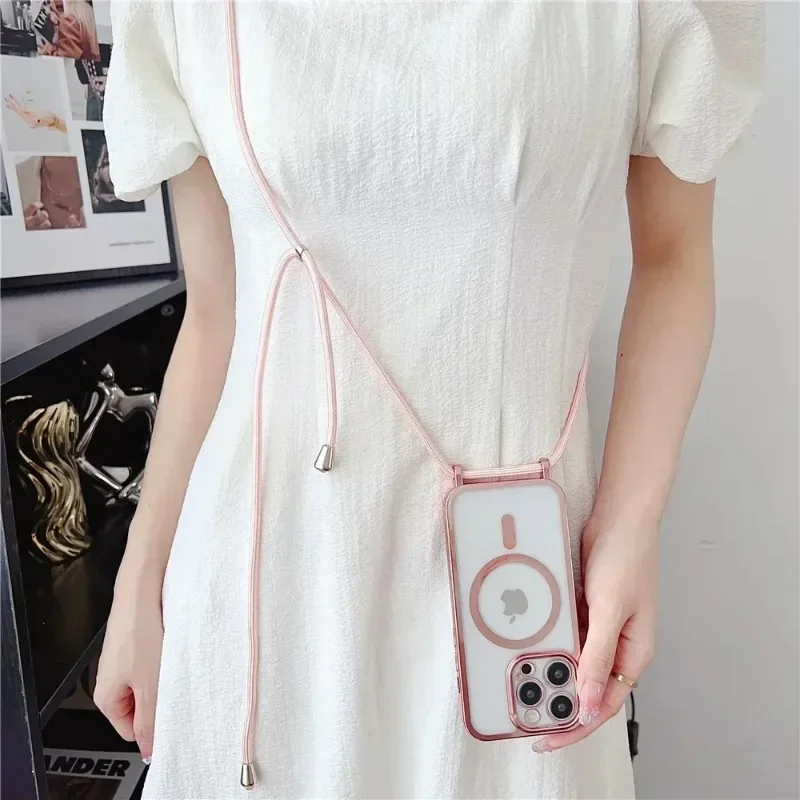 Crossboby Lanyard Phone Case For iPhone 16 15 14 13 12 Pro Max 11 For Magsafe Magnetic Necklace Cord Strap Plating Clear Cover