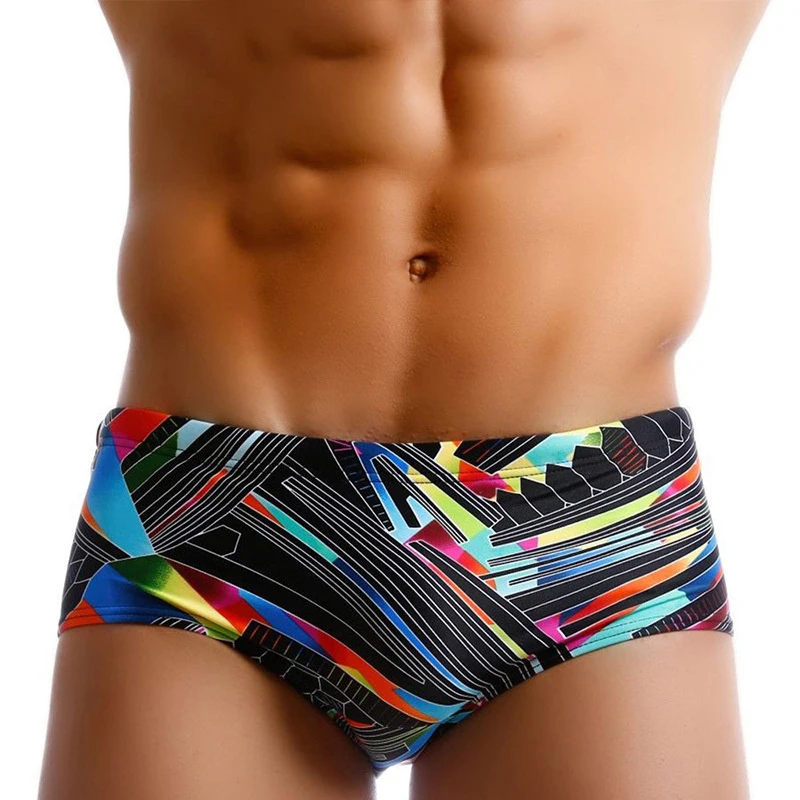 Men's Colorful Line Geometric Print Swimming Trunks Swimming Drawstring Boxer Trunks For Men