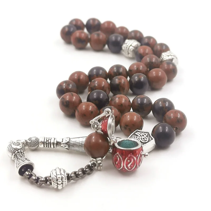 Tasbih Gemstone Natural Obsidian Stone Misbaha 33 Beads Bracelet Muslim Prayer Beads with Accessories inside Turquoise stone