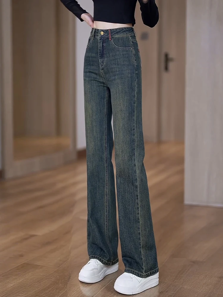 

High Waist Fleece Lined Straight Leg Jeans Women's Autumn Winter New Style Small Size Nine Point Wide Leg Pants Casual Cotton...