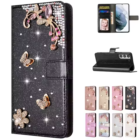Flashing Light Flip Case For Samsung Galaxy Wallet Cover S25 Ultra S24 FE S23 S22 S21 S20 Plus A15 A16 A26 A36 A34 A35 A54 A55