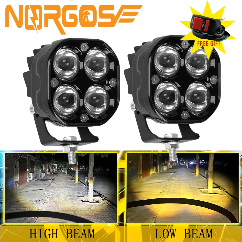 NORGOS-Dual Color LED Spotlights, Fog Lamp, Farol Acessório, Motocicleta, Caminhão, Carro, SUV, ATV, 3 \