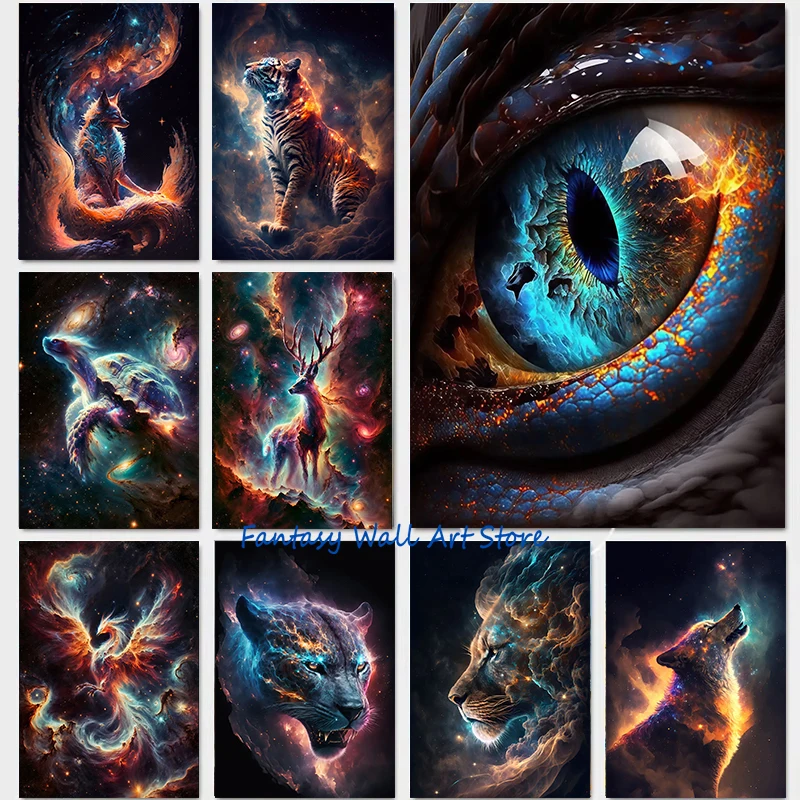 Cosmic Creatures Animals Nebula Mysterious Creature Dragon Milky Way Fantasy Art Poster Canvas Painting Wall Pictures Home De