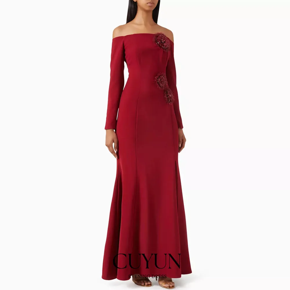 

CUYUN Customized Boat Neck Red Evening Gown A Line Long Sleeves Floral Appliques Prom Party Dresses A Line Formal Event Dresses