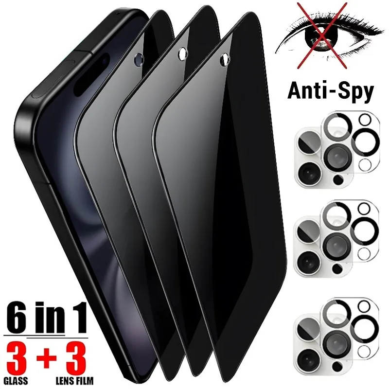 6 IN 1 Full Cover Black Edge Anti-spy Tempered Glass Screen Protector & Camera Film For iPhone 16 Pro MAX Plus Protective Film