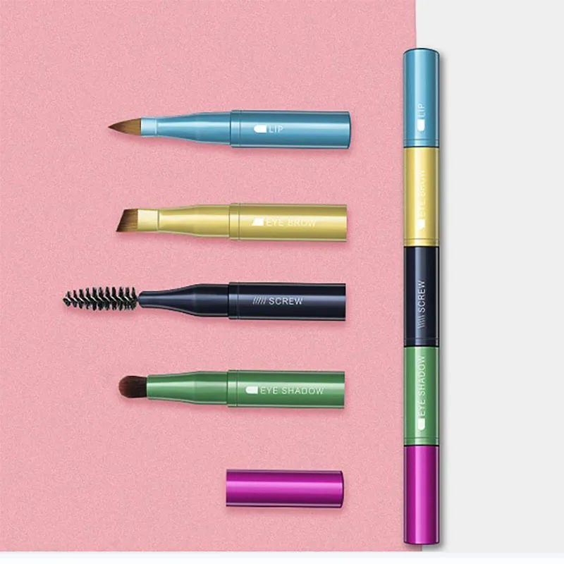 Detachable 4-in-1 Makeup Brush Set Soft Bristles & Sponge Applicator for Lips and Eyeshadow Portable with ABS Handle