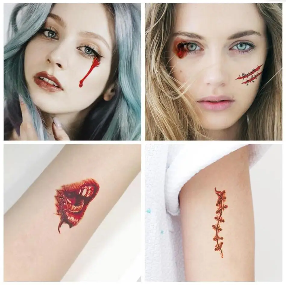 30 folhas de adesivos de tatuagem de cicatriz de Halloween assustador sangrento à prova d'água tatuagem falsa temporária decoração de festa de Halloween horror T2270