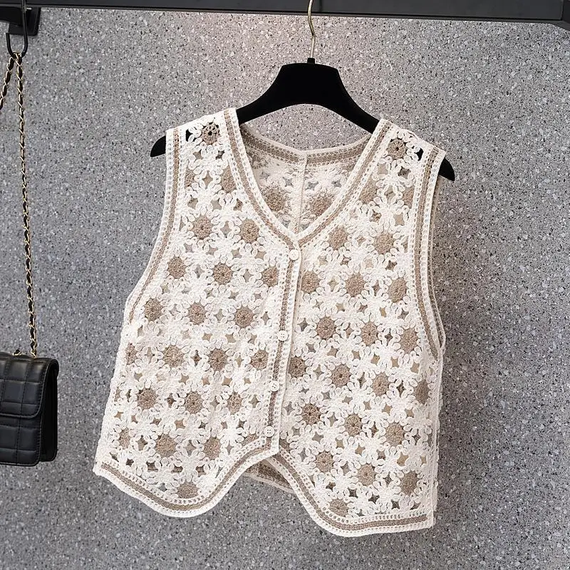 Crochet Hollow Knitted Vest Spring Summer 2023 New Retro Ethnic Style Vest Tank Top Women