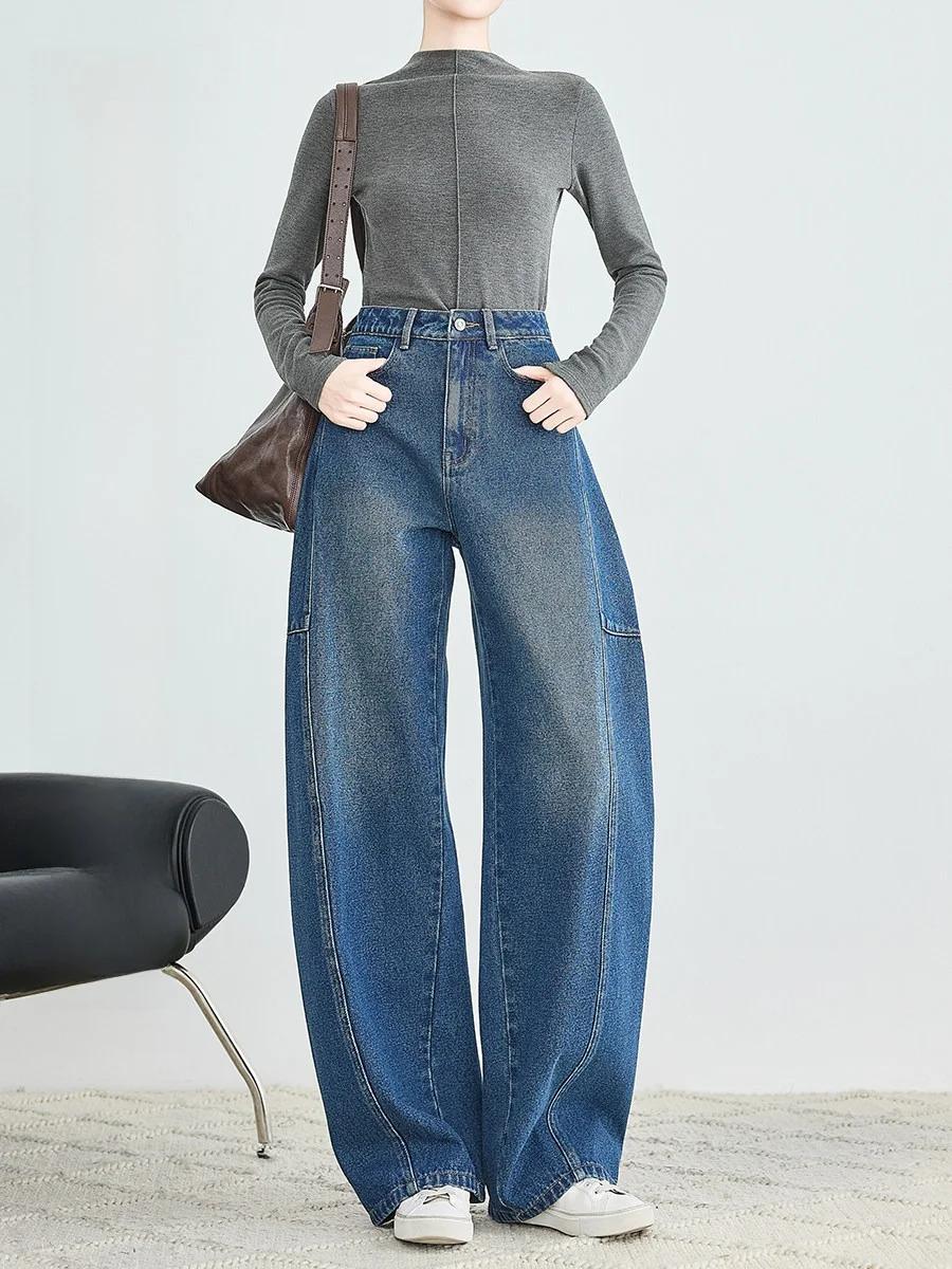 

Женские джинсы с высокой талией, утолщенные, темно-синие, с изогнутым кроем, свободные, широкие брюки, удобные, повседневные, для города