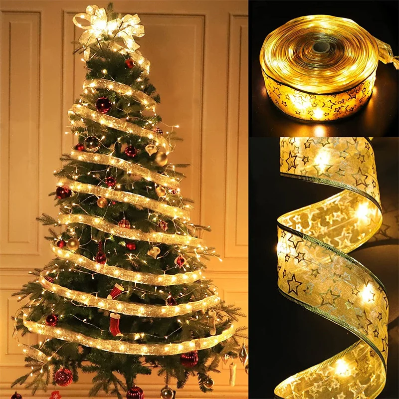 Christmas Ribbon Fairy Light Christmas Decoration DIY Bows String Light Tree Ornaments For Home 2024 Xmas Decor New Year Navidad