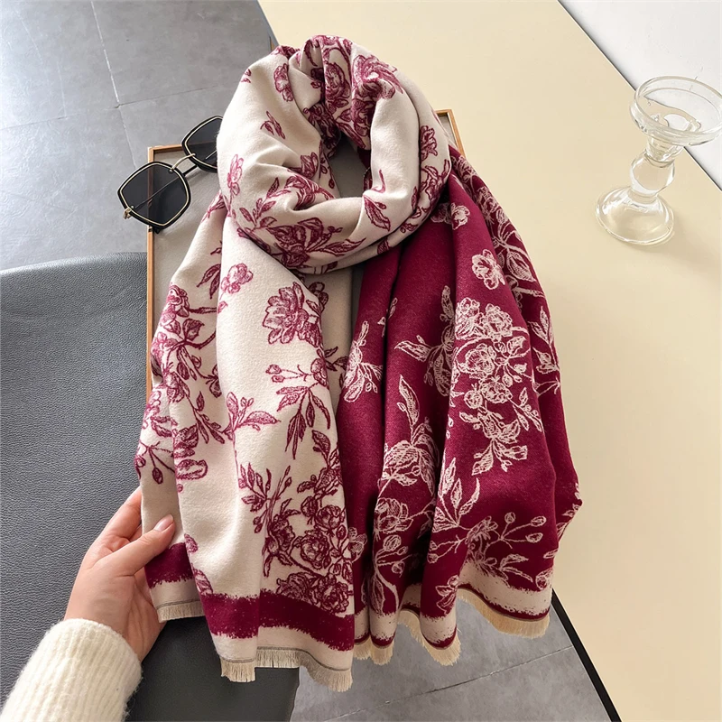 2024 Double-Sided Floral Printing Designer Lady Winter Women Scarf Cashmere Thicken Warm Shawl Pashmina Female Wrap Neckerchief