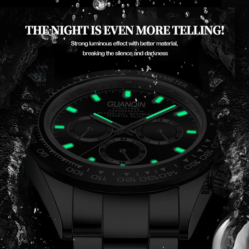 GUANQIN Brand Men New Luxury Mechanical Watches 100M Waterproof Stainless steel Luminous Watch For Men Sapphire Glass Week Clock