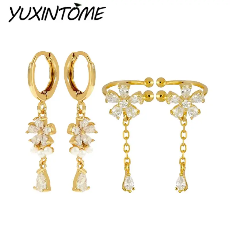 

925 Sterling Silver Needle Sophisticated Style Flower Drop Zircon Pendant Hoop Earrings Women's High-end Versatile Jewelry Gift