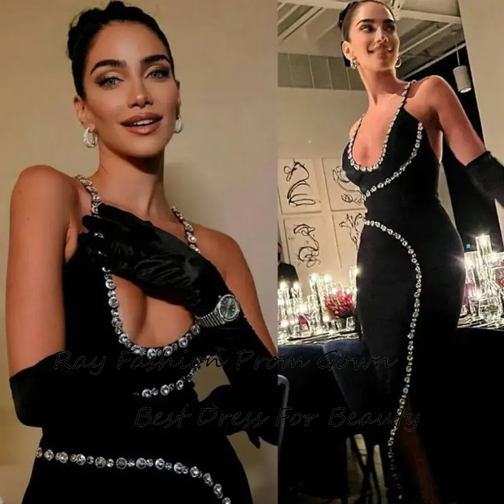 Romantisches gerades Ballkleid Satin mit sexy tiefem V-Ausschnitt ärmel los mit Kristall-Spaghetti trägern rücken freie formelle Party kleider