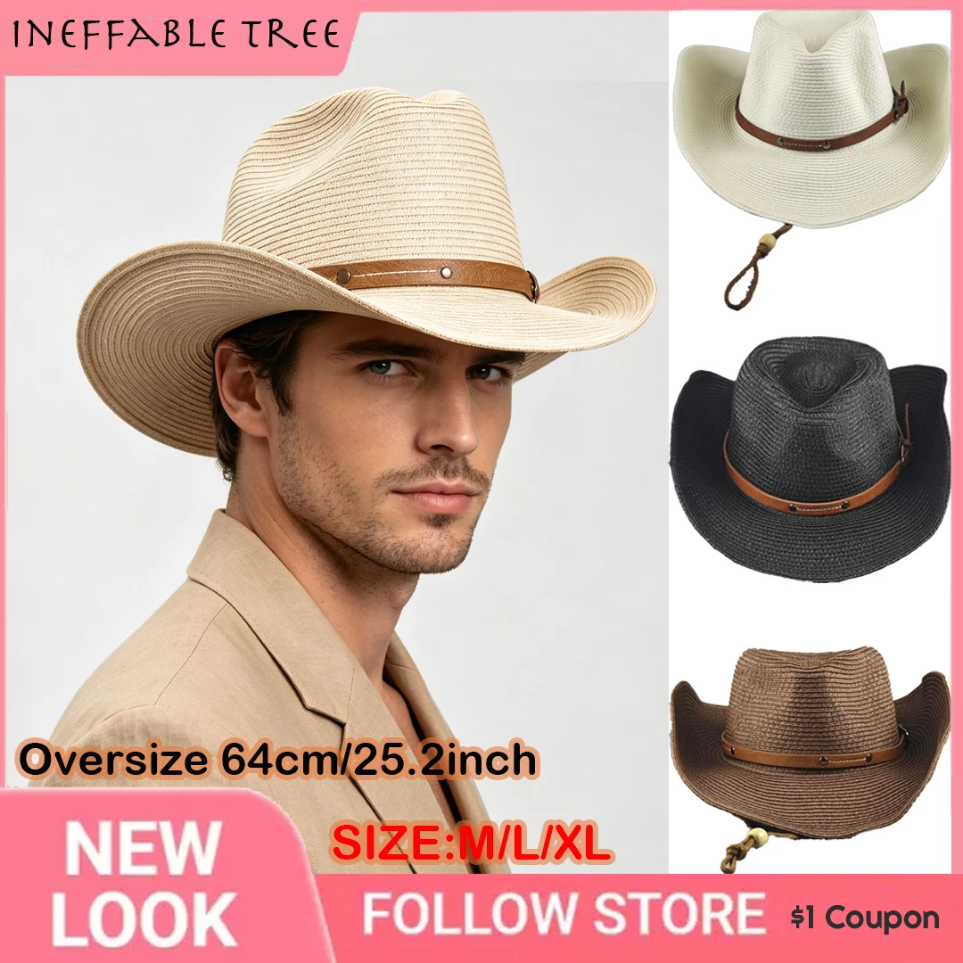 Sombrero de Vaquero Extra Grande de 64 cm para Hombre y Mujer, Plegable, para Verano, Playa, Jazz, de Paja, con Protección UV, Gorra de Viaje