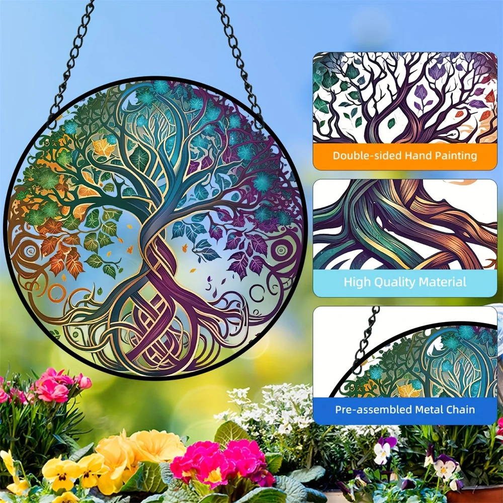 Glass Pattern Tree of Life Decor Stained Suncatcher for Window Hanging Ornament Panel Decor Birthday Gift for Mom