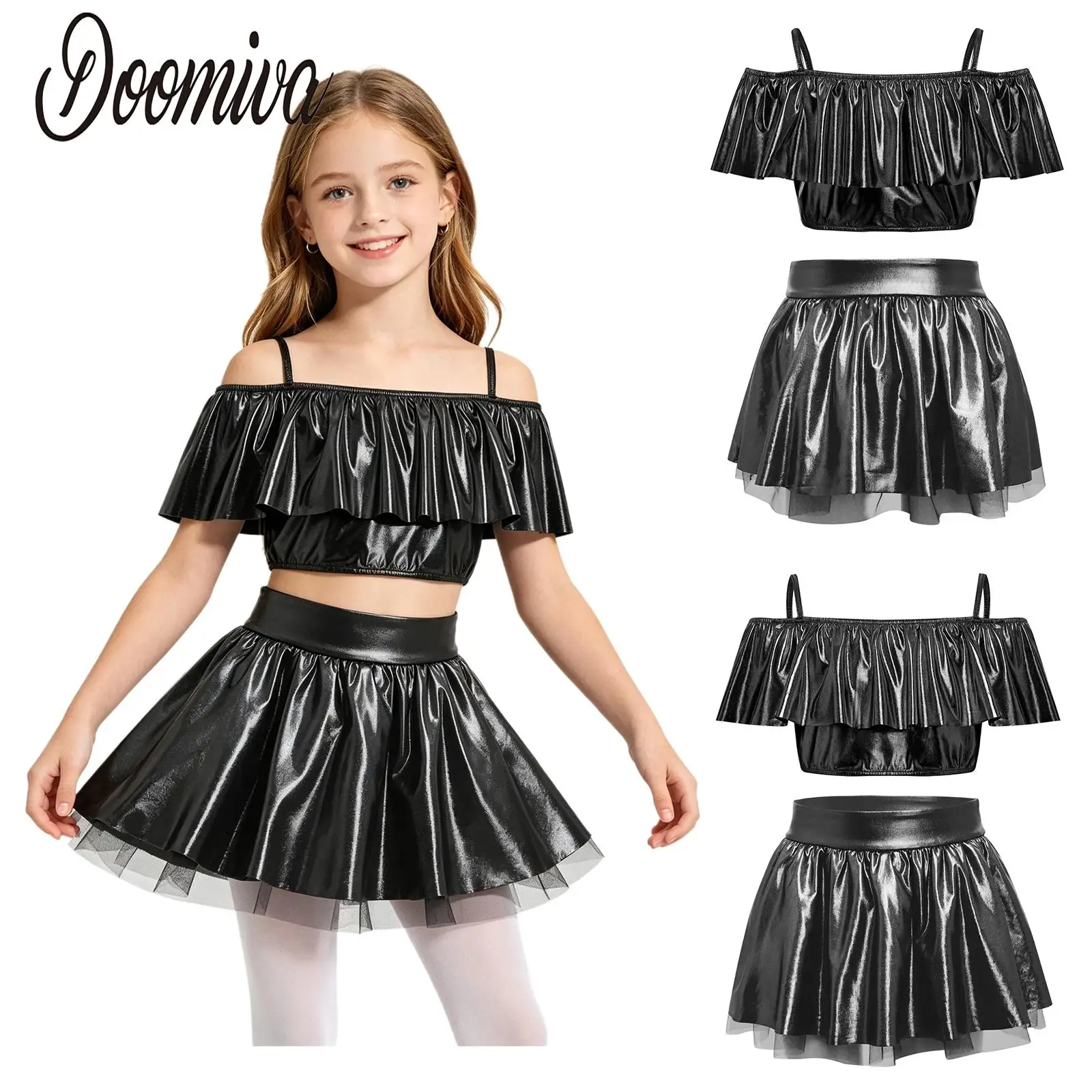 Tenue de danse moderne jazz pour filles, ensemble de vêtements de danseuse et de pom-pom girl, haut court à volants métalliques avec jupe tutu brillante