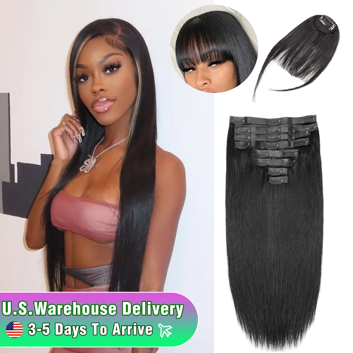 Clip in Hair Extensions Real Human Hairs Black Straight Extensions Head Natural Straight Clip in Hair Extensions Human Hair Seam