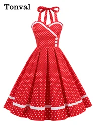 Tonval Halter Neck Buttons Polka Dot Women Rockabilly Vintage Pleated Dress Cotton Elegant Party Wear Ladies Dresses 1950s
