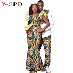 African Print Mermaid Long Dresses for Women Matching Couple Clothes Dashiki Men Outfits Top and Pant Sets Party Wedding 24C064