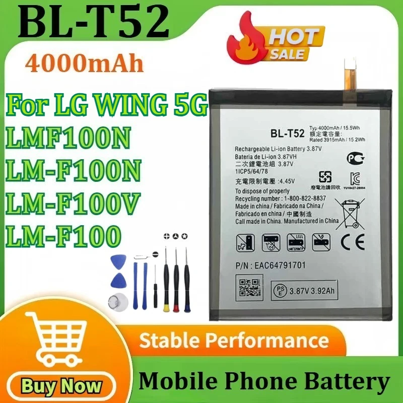 

Емкость BL-T52, 4000 мАч, аккумулятор для LG WING 5G LMF100N LM-F100N LM-F100V LM-F100, аккумуляторы для мобильных телефонов + инструменты
