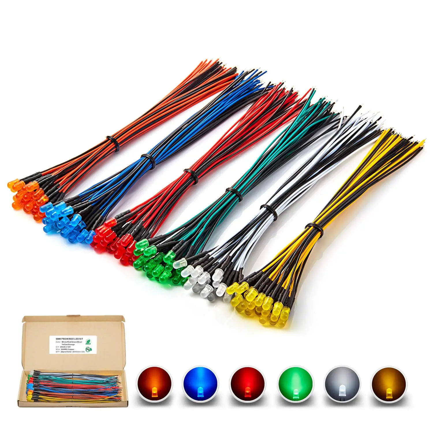 25pcs Prewired Led Diode Lights 12v Fast Slow Flash RGB Emitting Diodes 5mm Lamp DIY Projects White Red Green Blue Orange Yellow