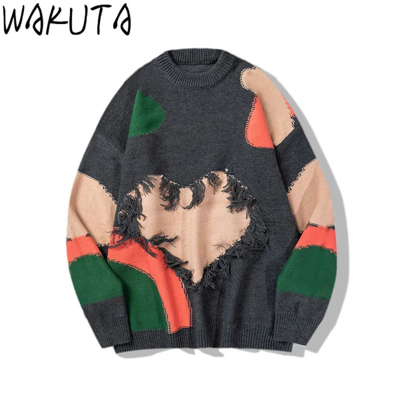 WAKUTA Streetwear Harajuku New Sweaters Tassel Painting Heart Couples Tops Autumn Winter 2024 Casual O Neck Loose Knit Pullovers