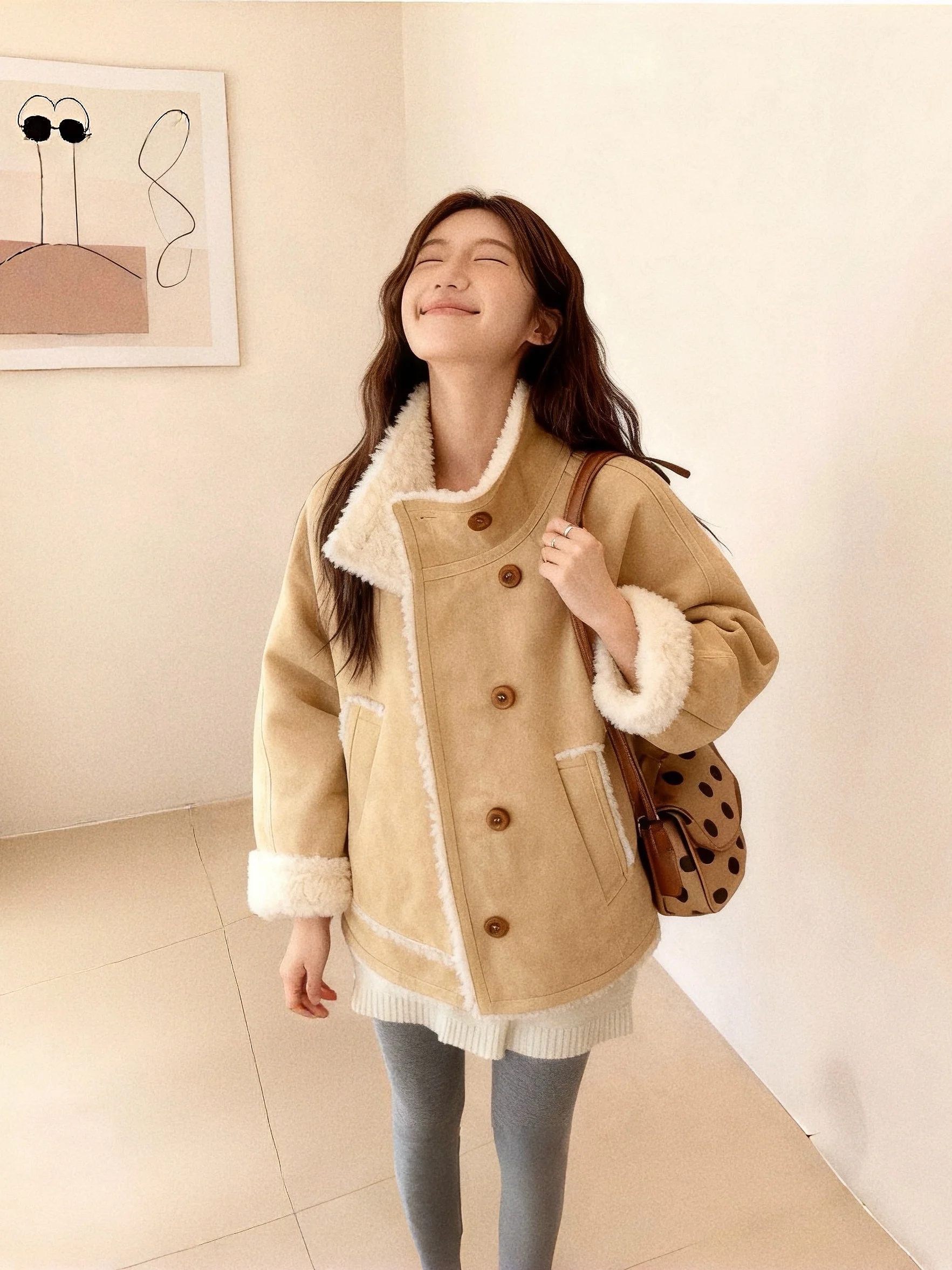 

Korean Style Vintage Khaki Lamb Fur Jacket Women's Short Thick Warm Coat Autumn Winter Leather And Fur Integrated Coat