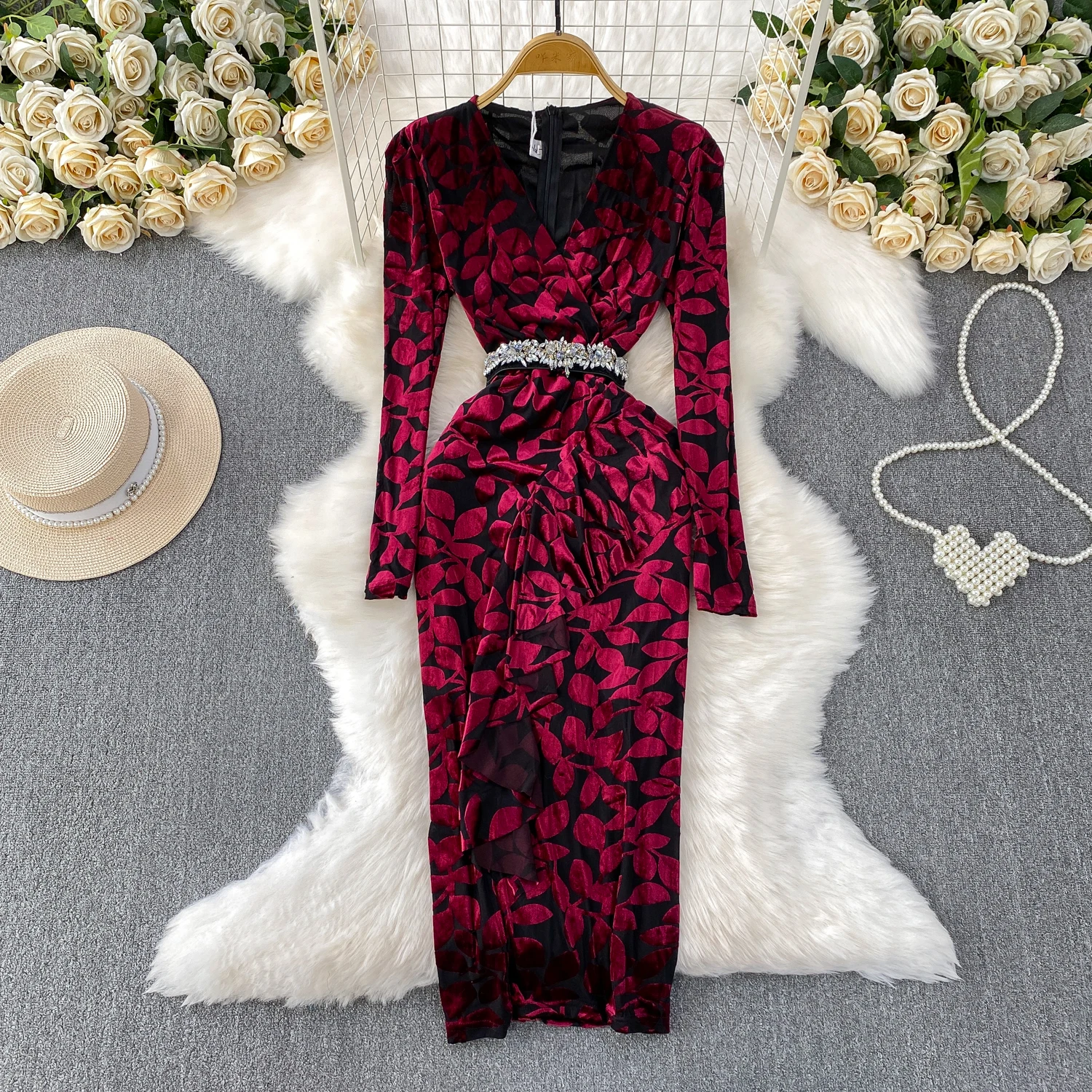 تنورة Ele V-ne Velvet Print Dr النسائية عالية الخصر بقصة ضيقة، تنورة طويلة للتنقل الكورية Sle مضادة للتجاعيد، كرة مناسبة...