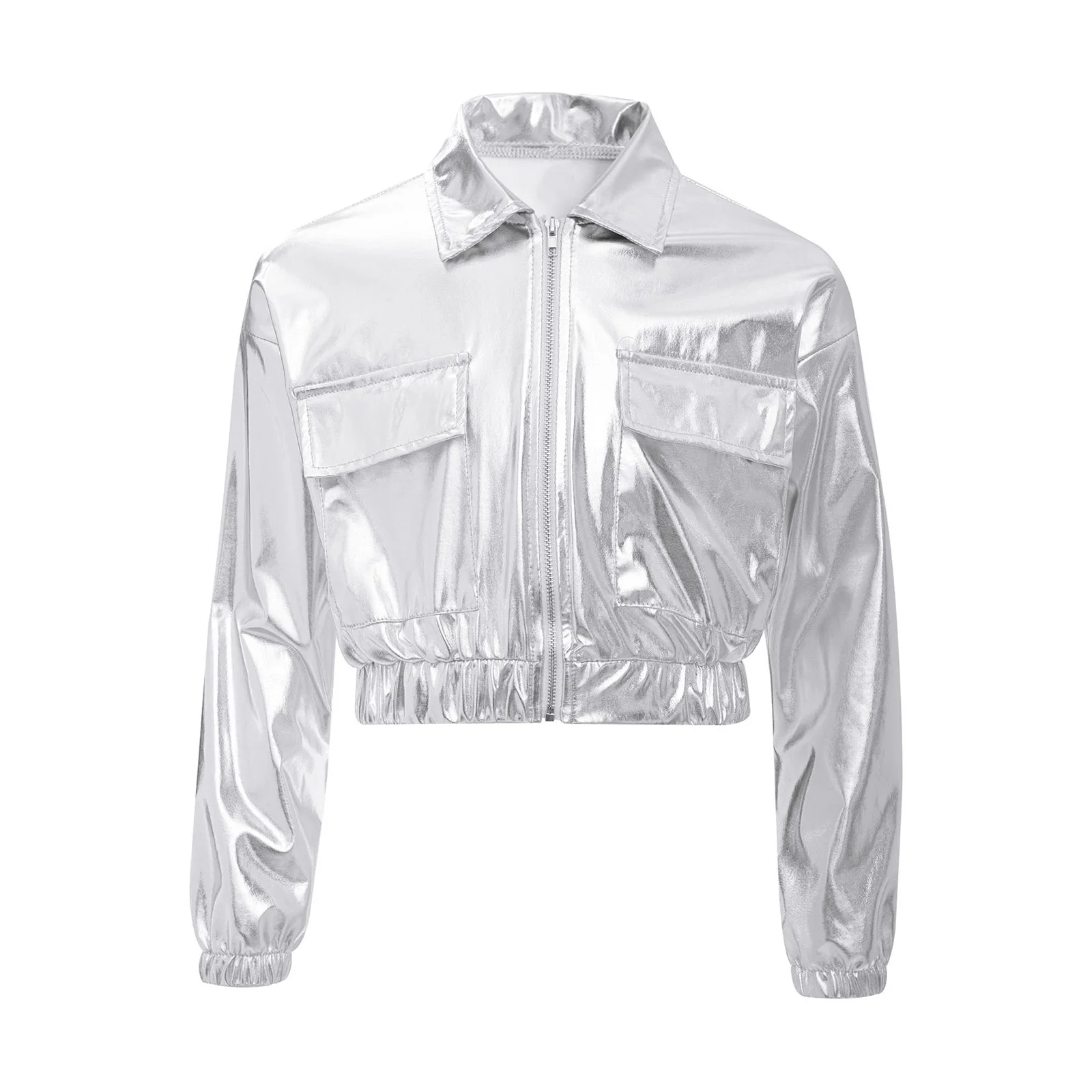 Teen Boys Girls Metallic Shiny Jacket Long Sleeve Zipper Outwear with Flap Pockets Hip-Hop Jazz Dance Jacket Disco Streetwear