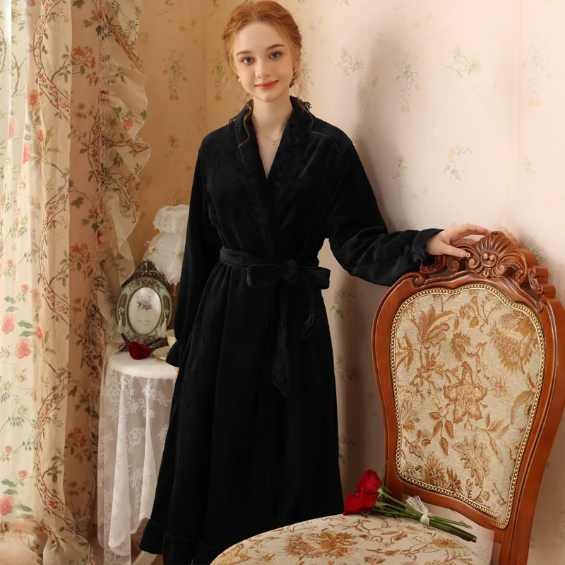 Women Coral Fleece Nightgown Winter Bride Bridesmaid Morning Gown Sexy Lapel Long Sleeve Bathrobe Sweet Lovely Flannel Sleepwear