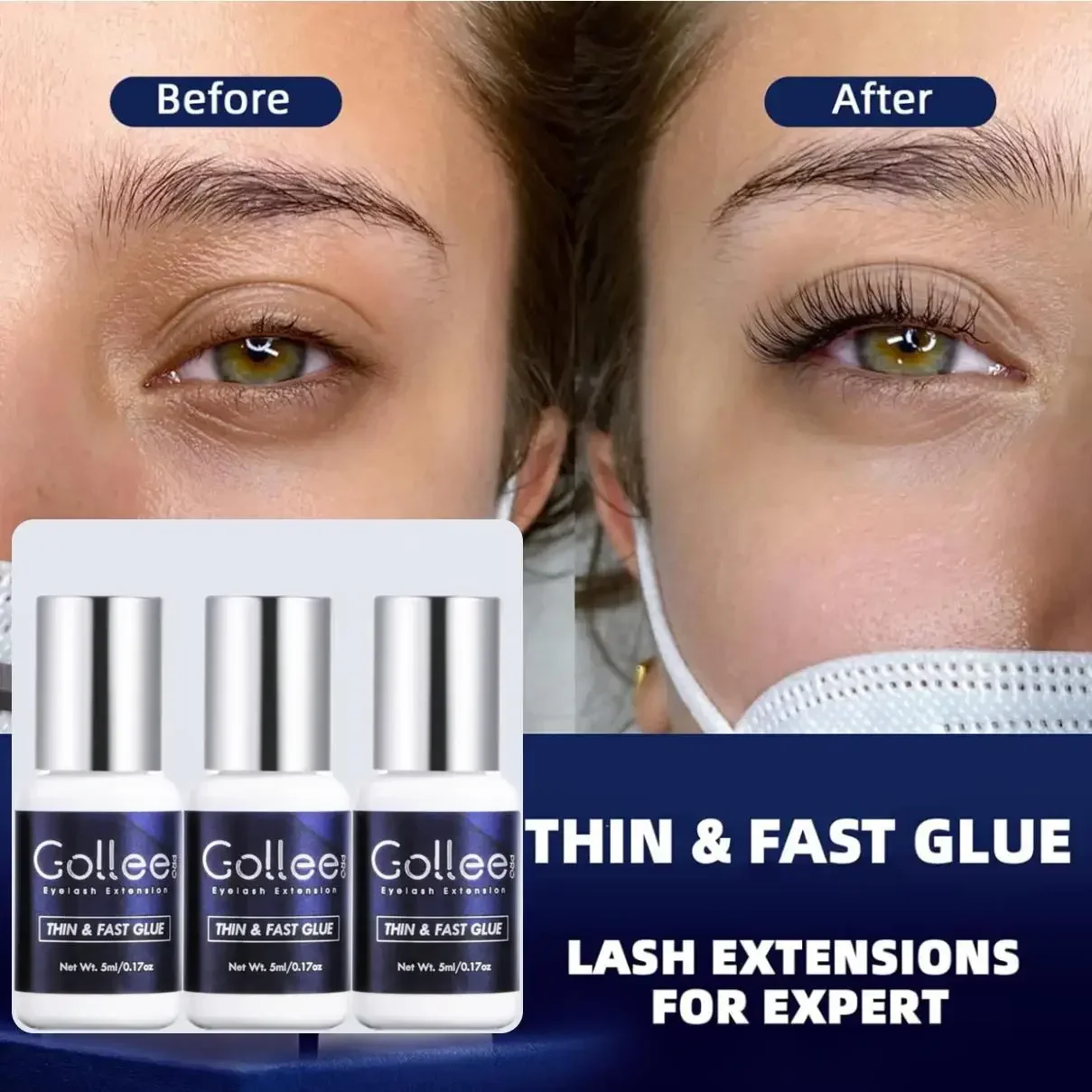 Gollee 1s Fast Dry Glue for Eyelashes Extension Waterproof Adhesive Glue Bond Accelerate and Primer Deep Clean Lash Supplies