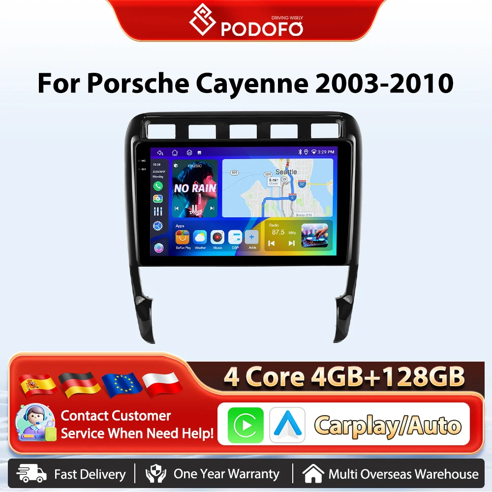 Podofo, autoradio da 9 pollici con Carplay e Android Auto, per Porsche Cayenne (2003-2010), sistema di infotainment intelligente per auto, navigazione GPS, BT, FM/RDS, autoradio 2DIN, unità principale