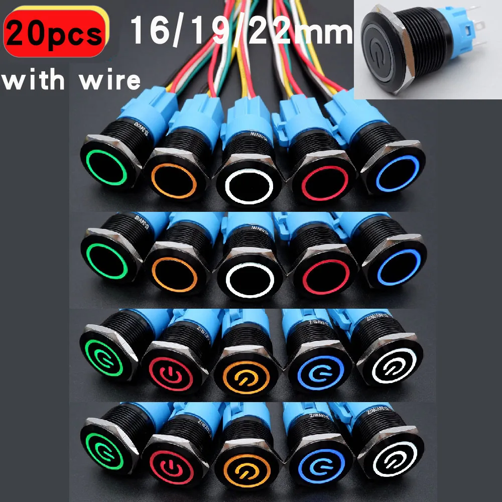 

20pcs 16/19/22mm Metal Push Button Switch LED Light Black Waterproof Illuminated Momentary Latching 5V 12V 24V 220V With Wire