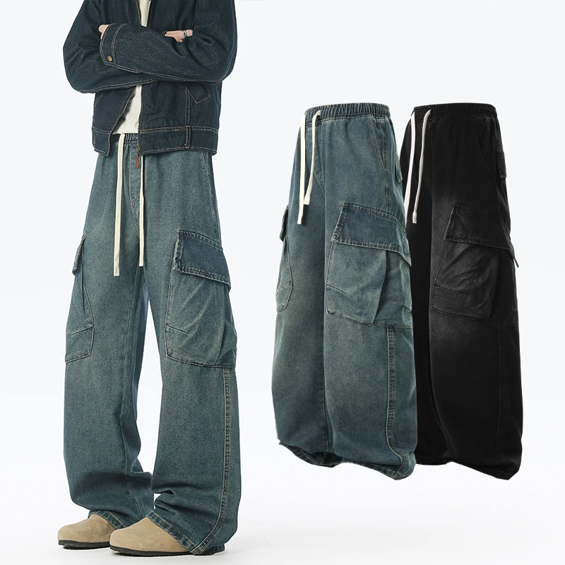 جديد ربيع خريف 2026 سراويل جينز زرقاء مغسولة للرجال سراويل واسعة الساق غير رسمية فضفاضة تناسب ملابس الشارع الشهير مع جيوب #2