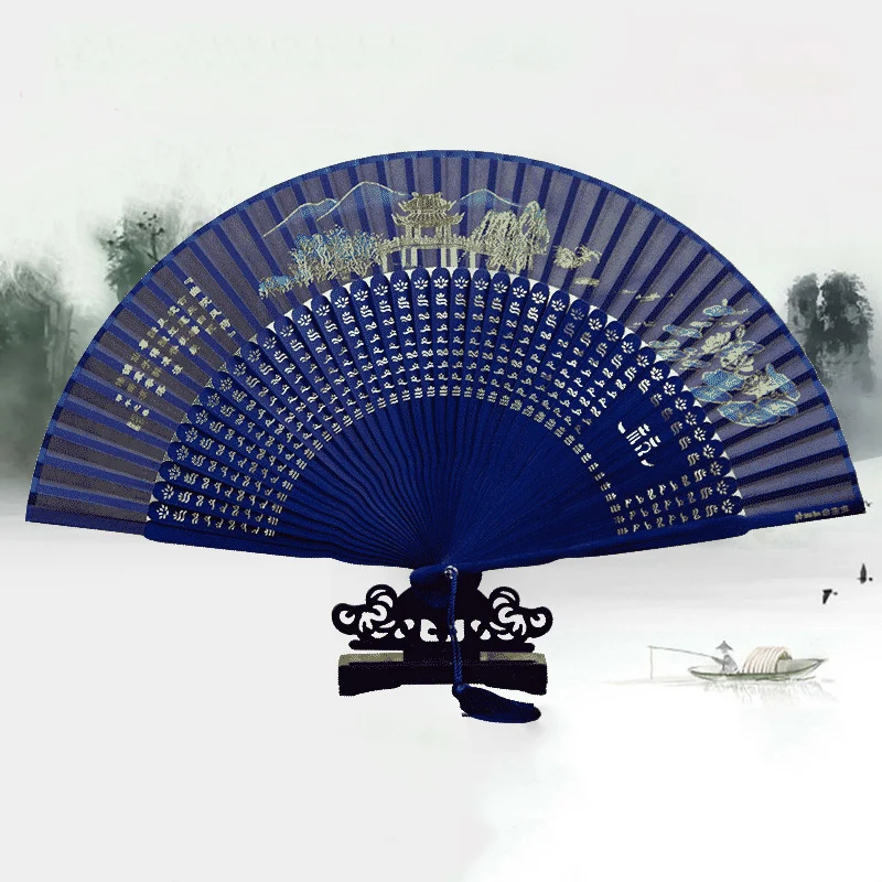 

ladies silk folding fan Bamboo and Wood West Lake Scenery Hand Fan High-quality dance wedding decoration fan Home decoration