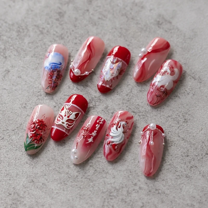 Nine-tailed Fox Chinese Style 5D Soft Reliefs Self Adhesive Nail Art Stickers Fox Mask Red Equinox Flowers 3D Manicure Decals