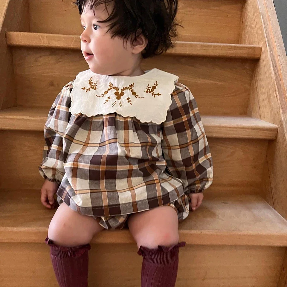 New Bebe Brand Baby Girls Floral Clothes Set Kids Top And Shorts Suit Children Plaid Dress Newborn Embroidered Romper 1-10Years