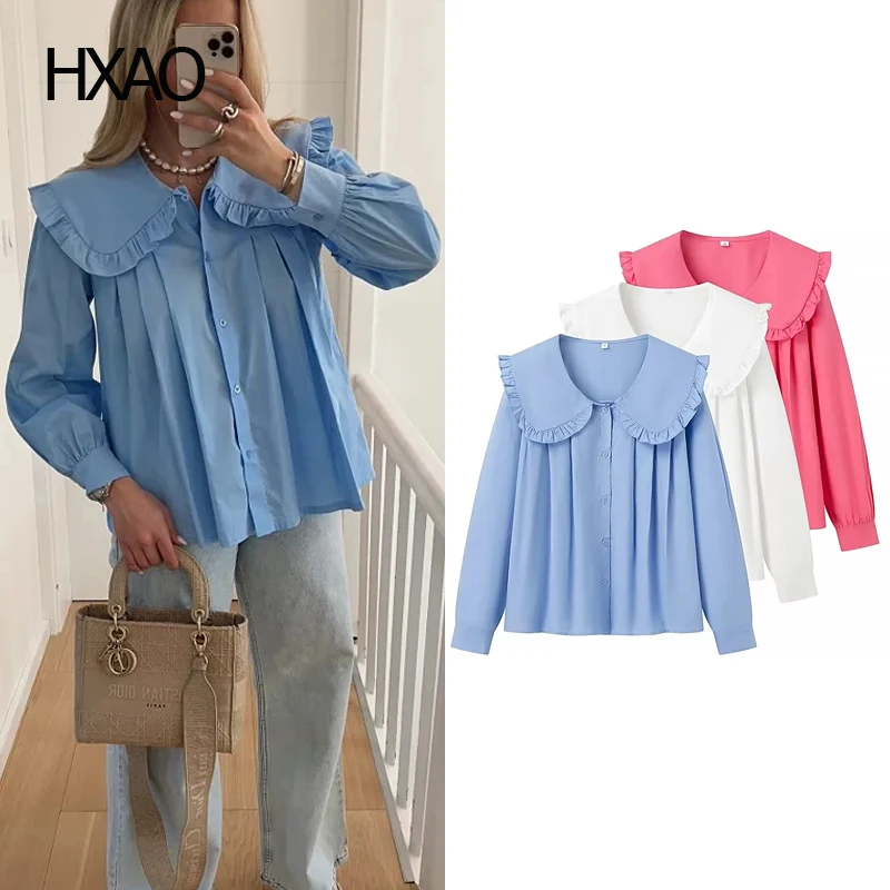 

HXAO Women Blue Shirts Peter Pan Collar Cute Long Sleeve Top Female Basic Shirts Woman Ruffle Shirt Casual Shirts Elegant Blouse