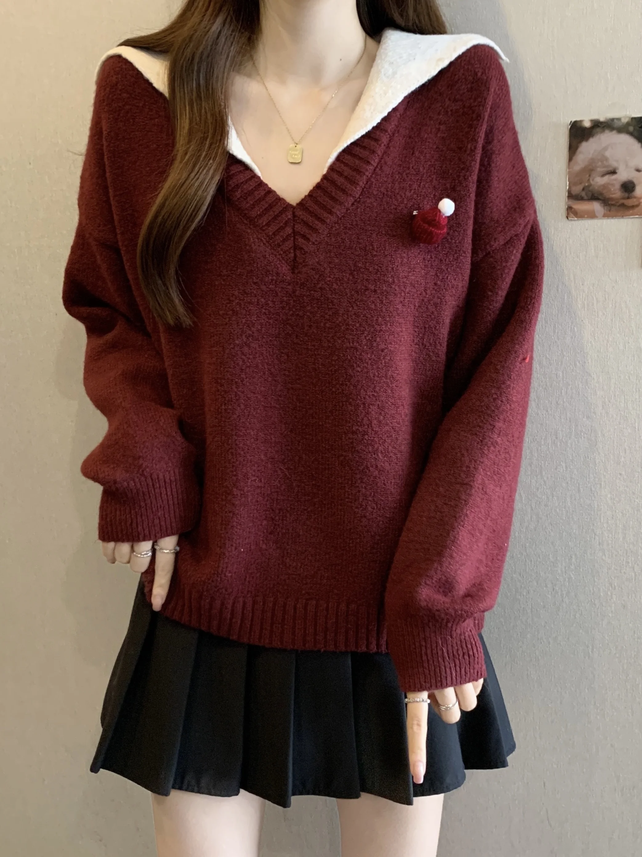 

Loose V-Neck Knitted Sweater Women's Inner Wear Top Fake Two-Piece Design Spring 2026 plus Size Comfortable Lazy Style