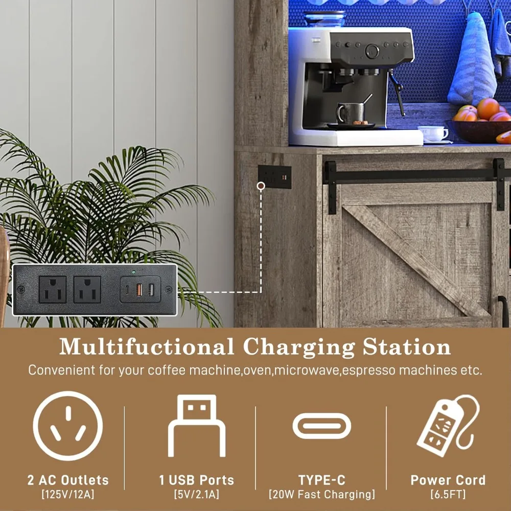 خزانة بار كبيرة على طراز المزرعة مع إضاءة LED 6000 لونًا وباب بيجبورد وباب الحظيرة، 74 طولًا و63 عريضًا